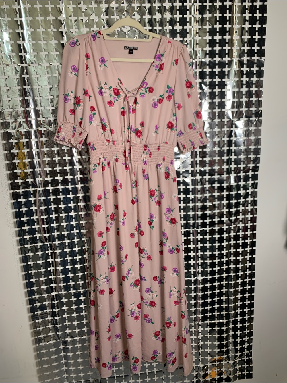 Express Blush Pink Floral Maxi Dress with Smocked Waist and Tie Neck